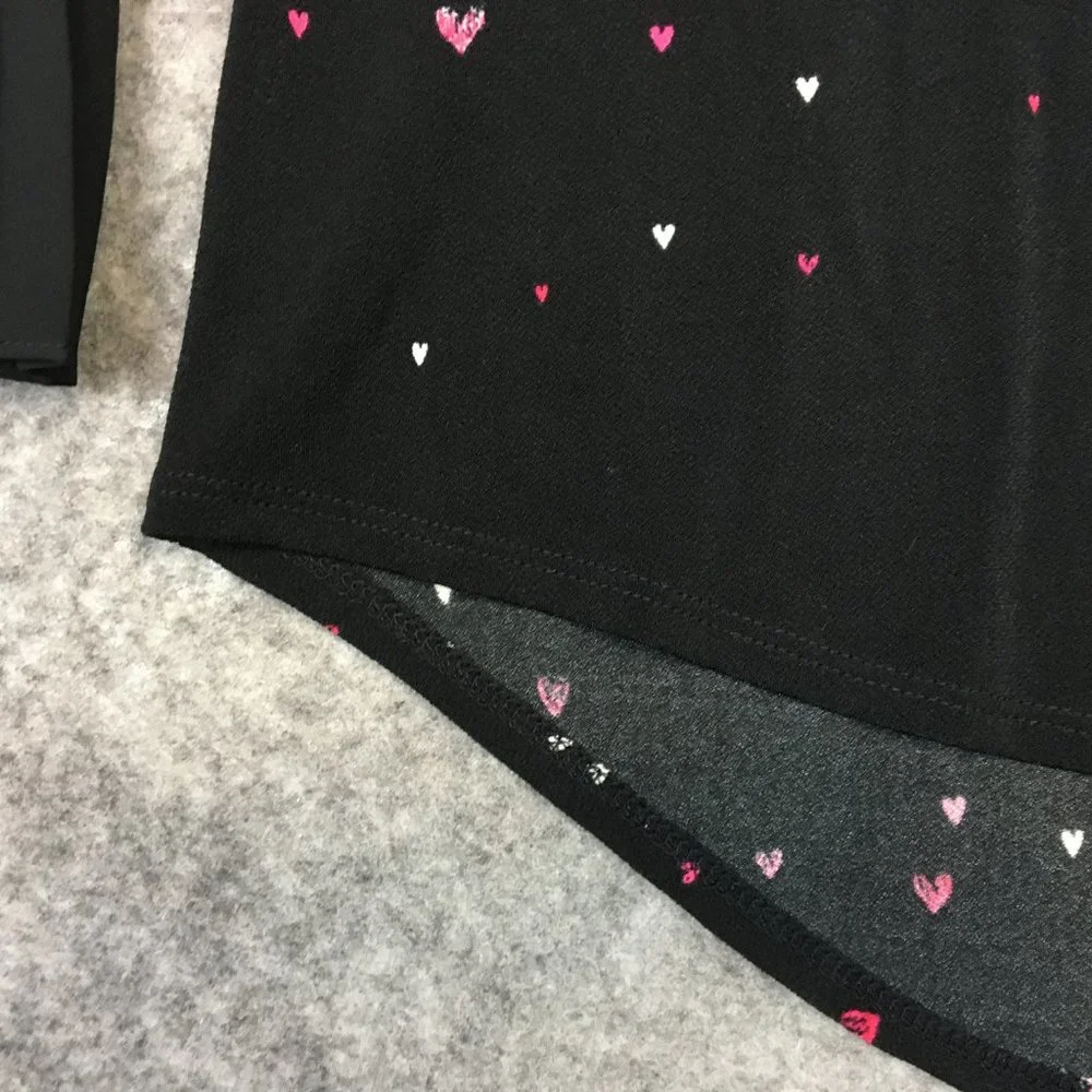 Elle Top XS Blouse Career Heart Print Crepe Black Accordion Pleat Sleeves Pink - Picture 5 of 13